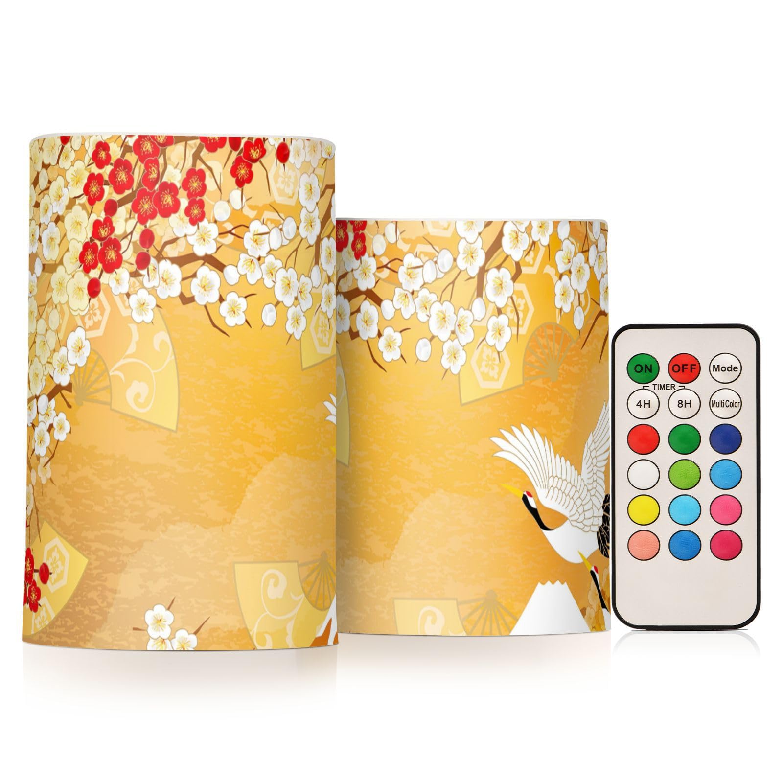 GuoChe Beautiful Kimono Japan Yellow Flickering LED Pillar Candles for Your Holiday Tree, Courtyard, Home Decors LED Candle with Timer Remote