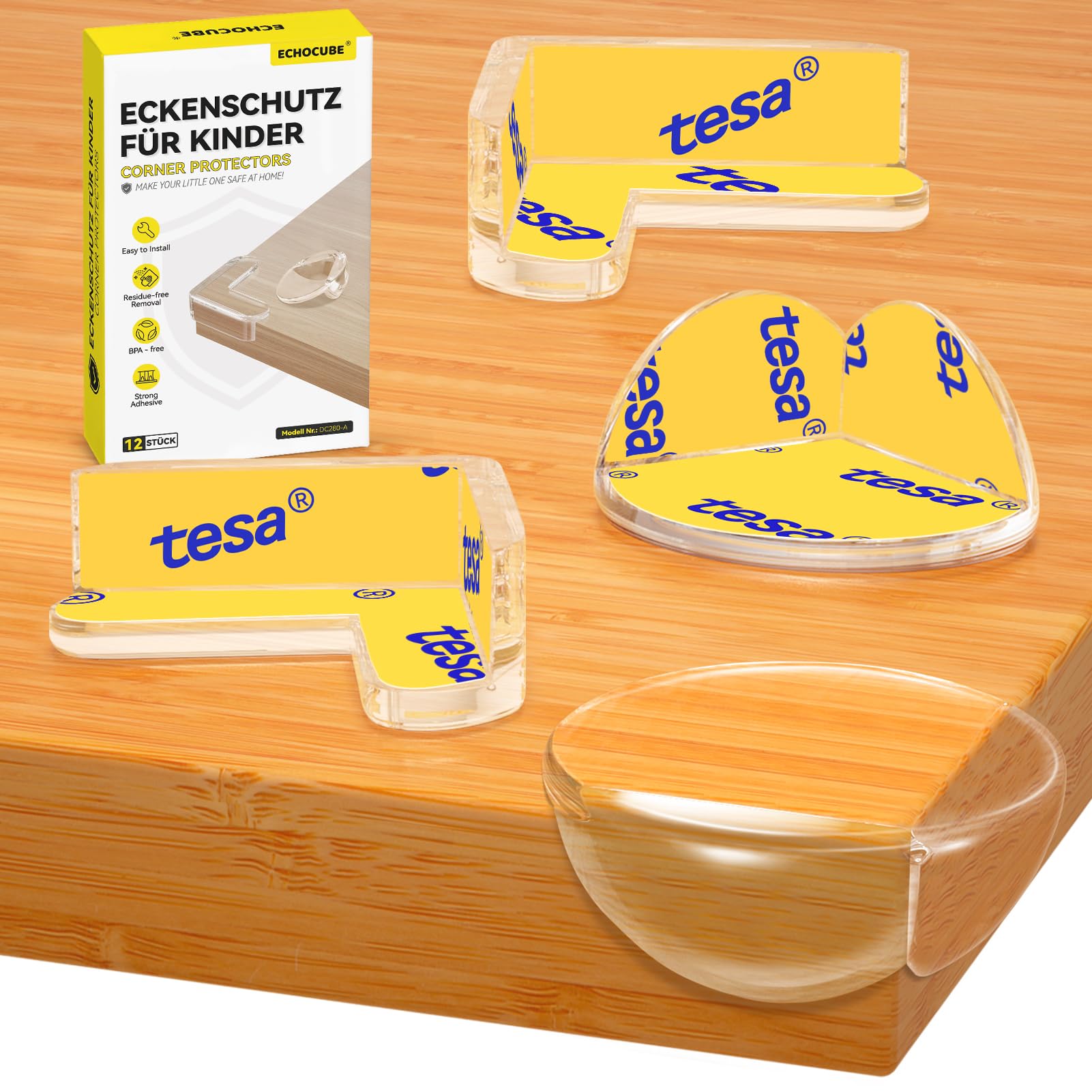 Echocube Transparent Clear Corner Protectors, 12 Packs Child Safety Edge Protectors, Baby Proofing Corner Guard With Tesa Adhesive Tapes For Table, Furniture - L Shape & R Shape