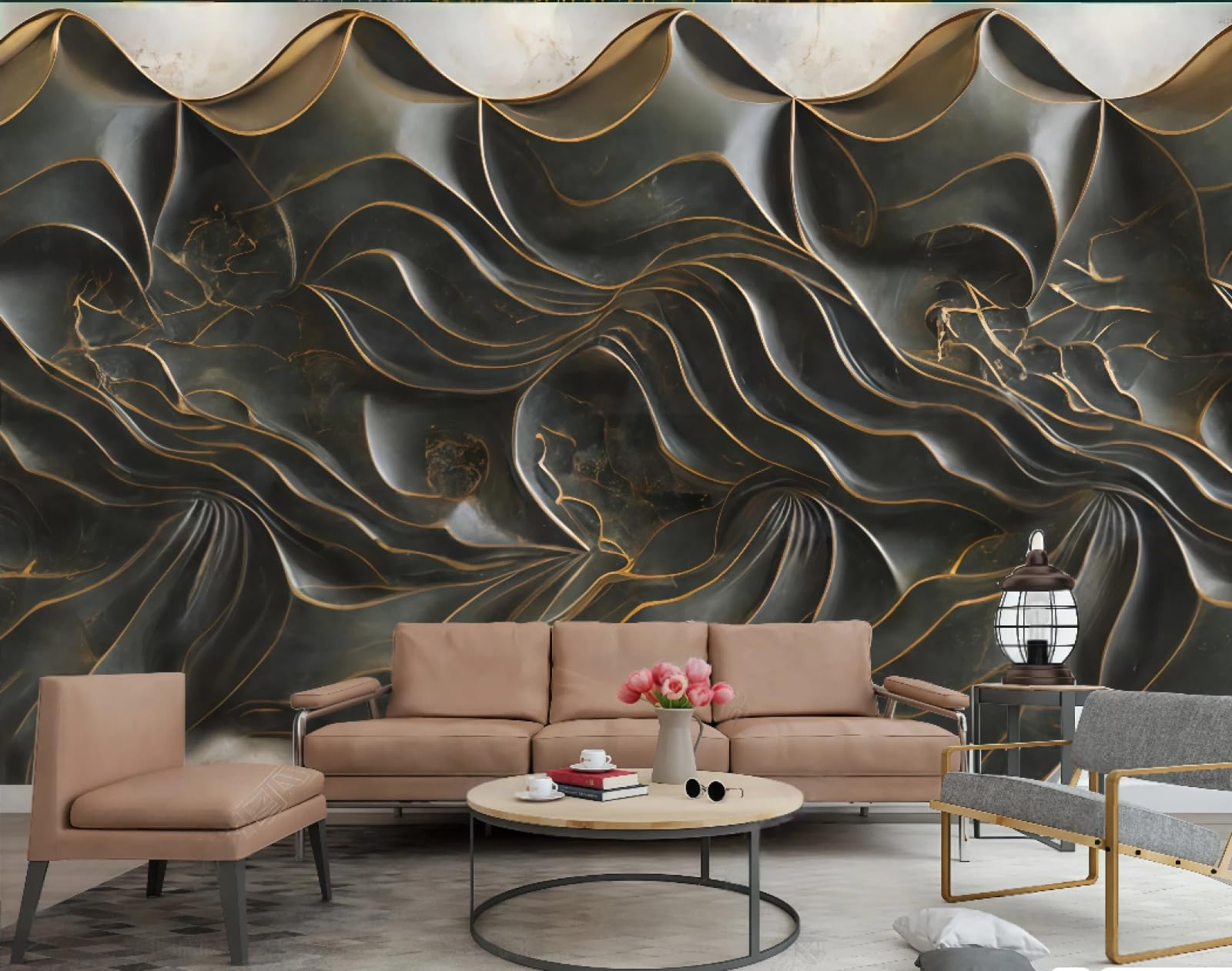 Tapeta sztuka nowoczesna rzeźba złota linia falowanie relief abstrakcyjny ciemnozielony marmurowy wzór TV sofa tło tapeta ścienna salon restauracja kawiarnia mural, 3D, 400 x 280 cm