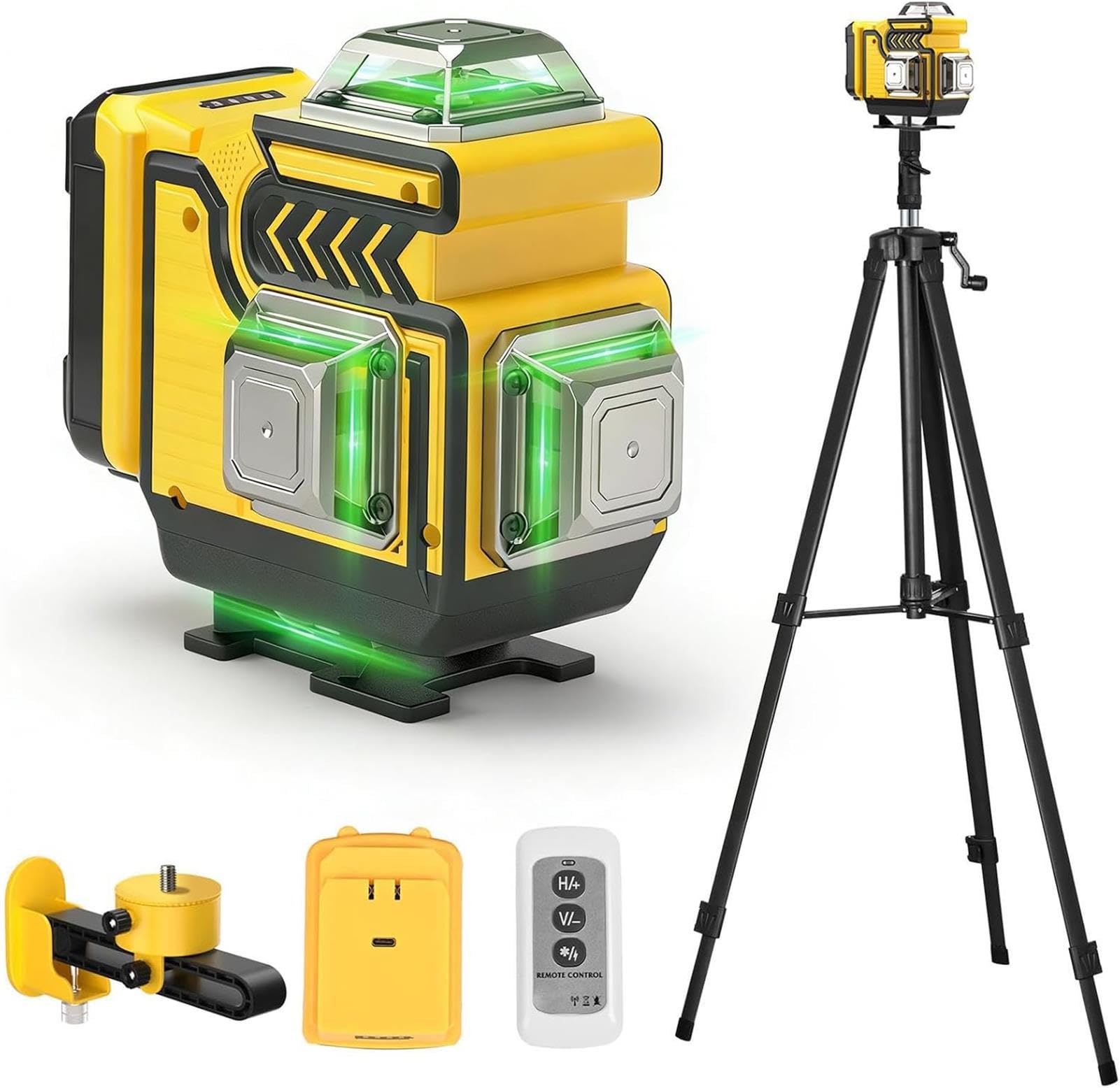 Niveau Laser avec Trepied - cjumel 4 x 360° Vert Autonivelant Niveaux Laser Chantier, 4D 16 Lignes Rotatif Laser Level en Croix avec 1.6 M Trépied, Batterie 5400mAh, Télécommande
