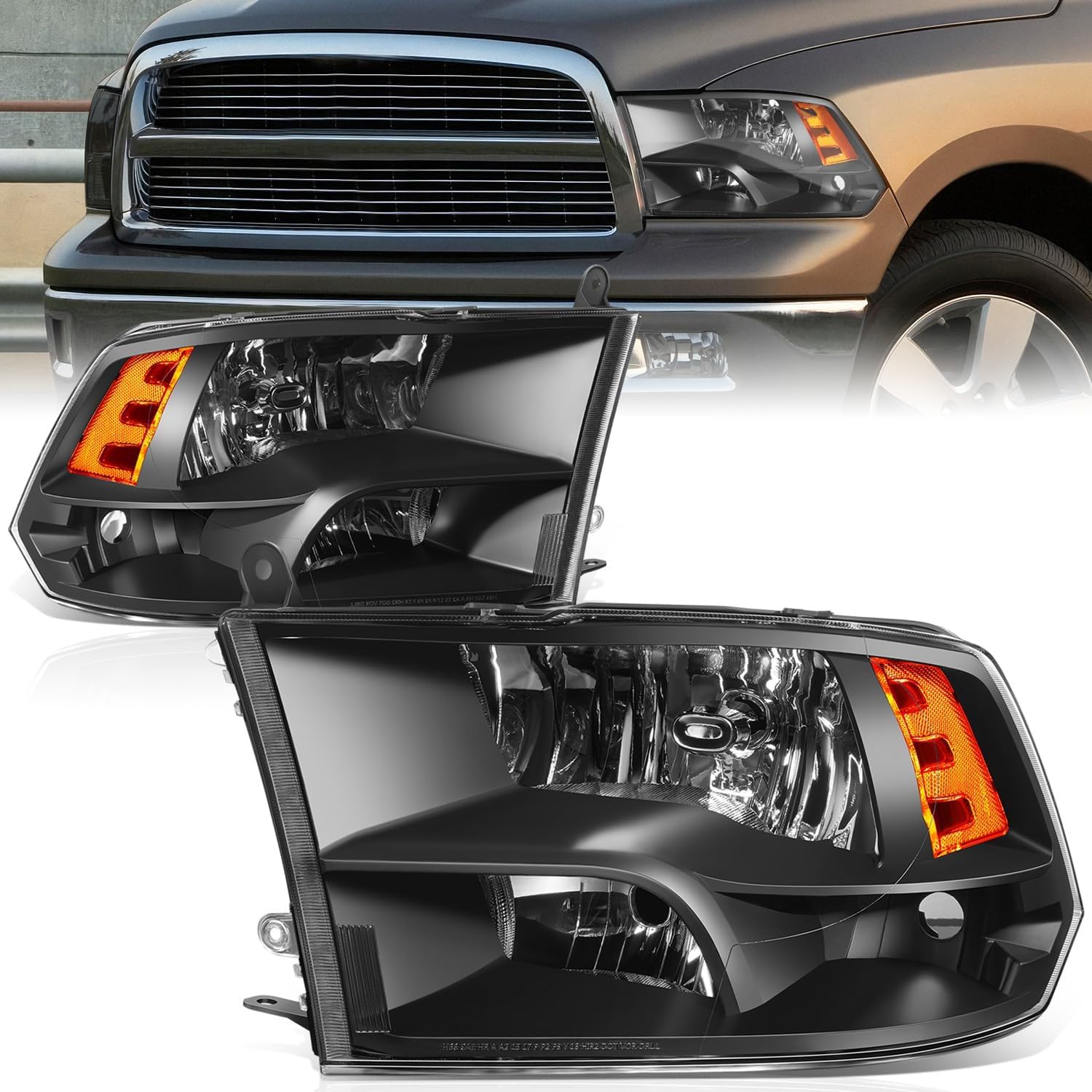 Auto Dynasty Quad Headlights Assembly Compatible with 2009-2010 Dodge Ram 1500 2500 3500, 2011-2018 Ram 1500 2500 3500 4500 5500, Halogen Headlamps
