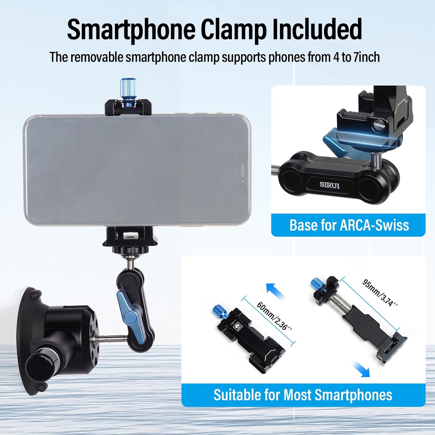 SIRUI Suction Cup Mount for Camera and Phone, Air Pump Vacuum Suction Cup with Magic Arm, Phone Holder, 360°Rotating Double Head Windshield Window Mount for GoPro, for Insta360, for DJI Action, MA-SC