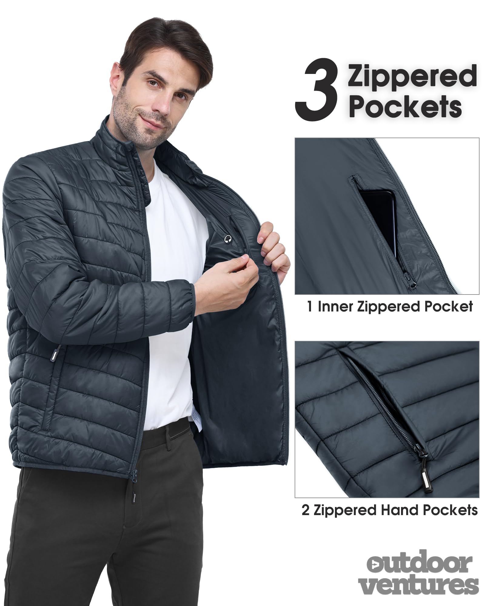 Outdoor Ventures Giacca trapuntata da uomo, leggera, calda, per le mezze stagioni, impermeabile, per attività all'aria aperta, casual