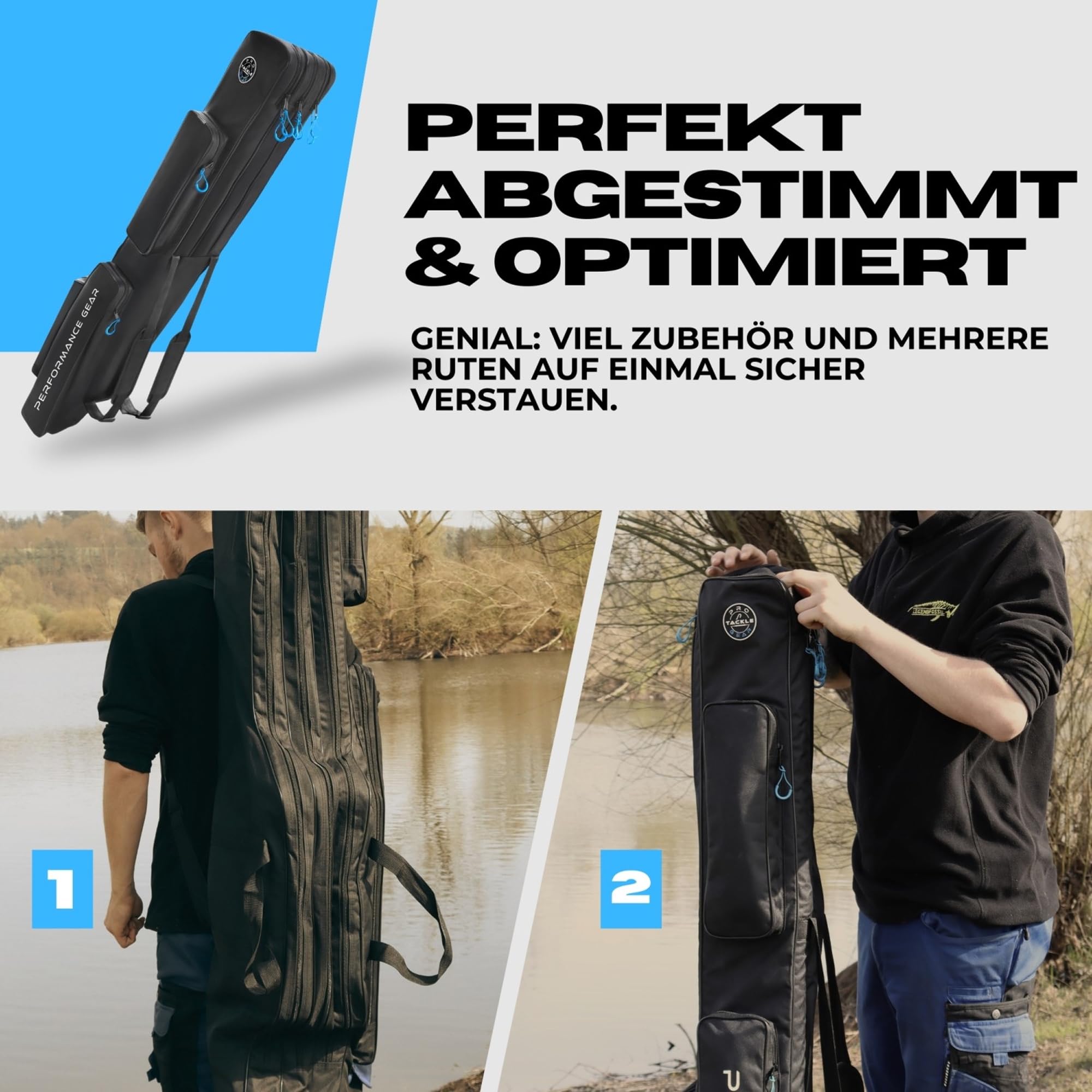 Pro Tackle Strike 3-Fach Rutenfutteral 145cm/165cm – Rutentasche für 3 montierte Angelruten & Rollen – Wasserabweisendes 600D Nylon, Rucksackfunktion & 2 Außentaschen für Kescher & Zubehör