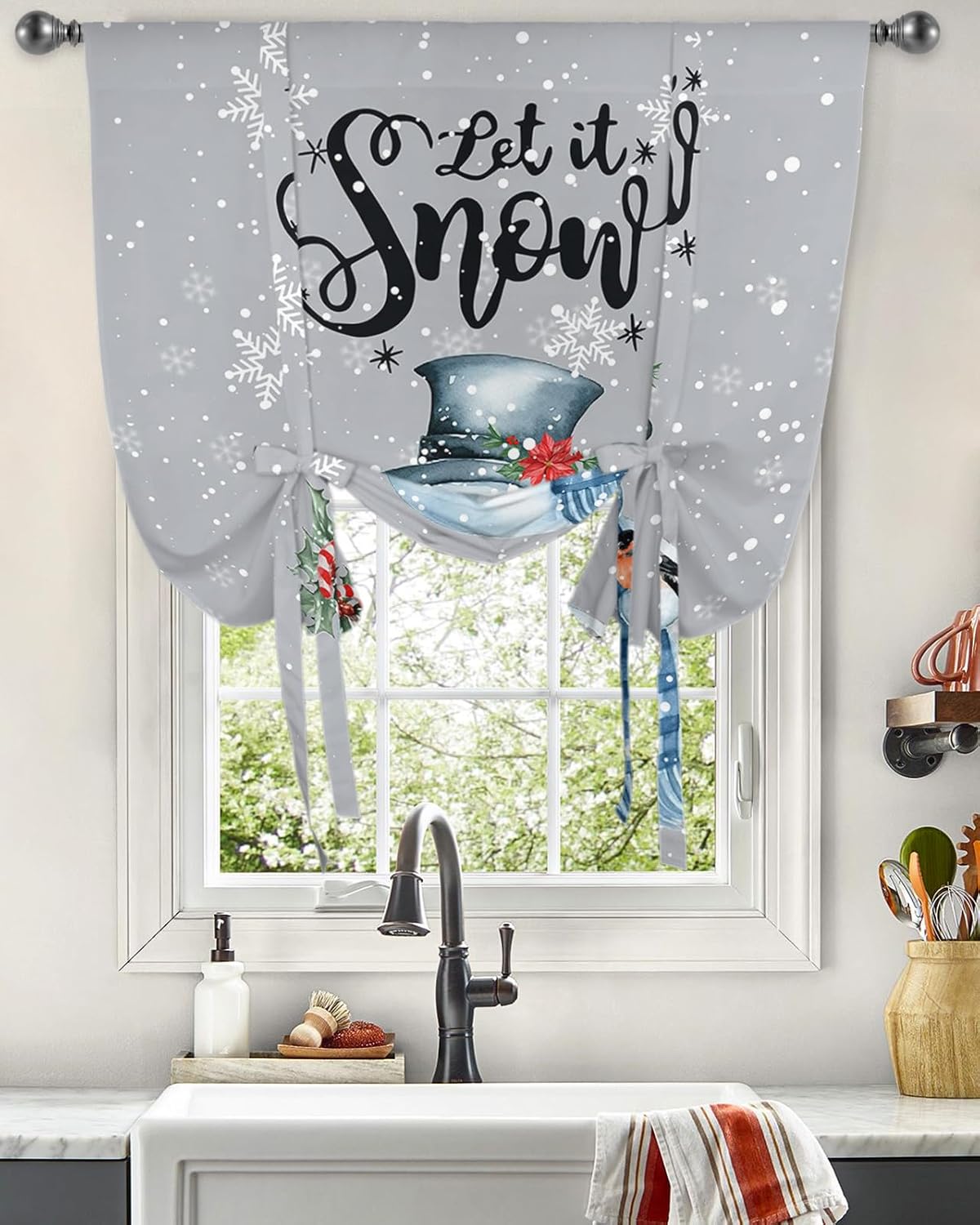 Cartoon Snowmans Tie Up Window Shade Curtain Winter Snowflake and Cardinal Kitchen Adjustable Balloon Curtains Shades Drape 46x63In for Living Room/Bedroom/Cafe Windows Grey