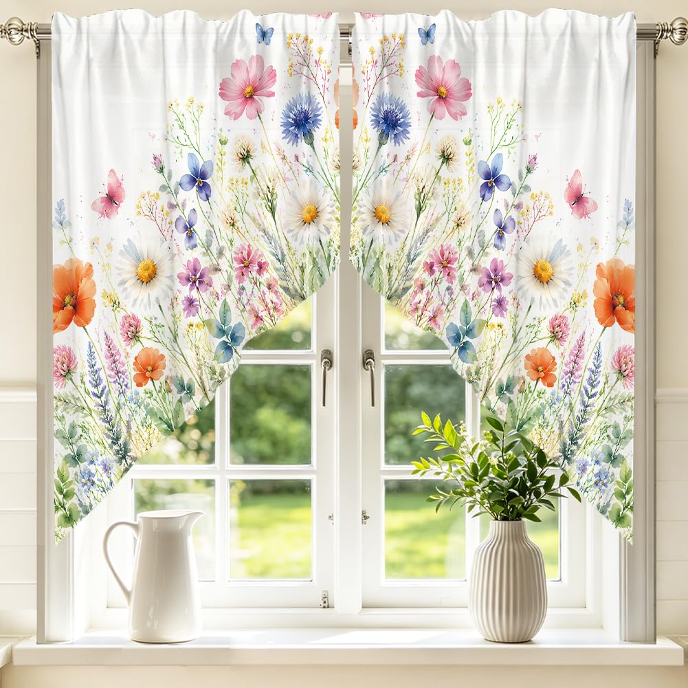 arricraft 2 Panels Trapezoidal Polyester Window Curtains, 28"x36" Wildflowers Pattern Half Window Curtain Rod Pocket Kitchen Valance Short Door Curtain for Kitchen Offices Bedroom Decoration
