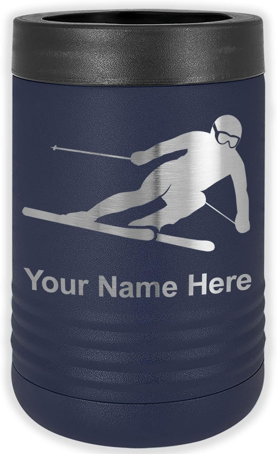 LaserGram Personalized 12 oz. Stainless Steel Can & Bottle Insulator, Skier Downhill – Keeps Drinks Cold Longer (White)