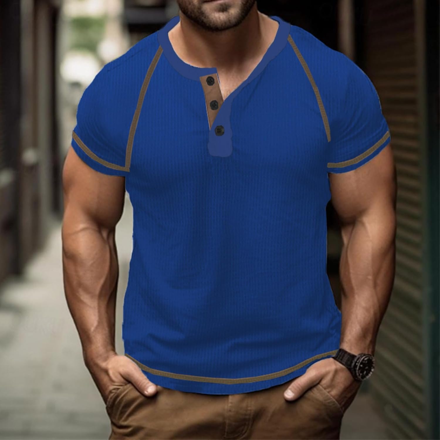 Men Quarter Button Waffle Henry Shirts Round Collar T Shirt for Business Work Summer Loose Trendy Pullover Tops