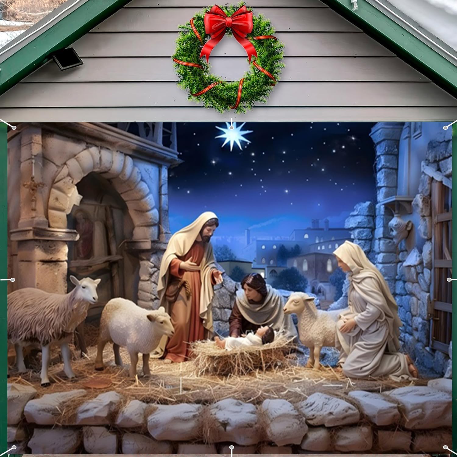 Nativity Christmas Garage Door Cover Decorations Banner Backdrop,Birth of Jesus Garage Door Cover Banner,Xmas Holy Night Scene Large Hanging 7x8ft Single Outdoor Holiday Decorations