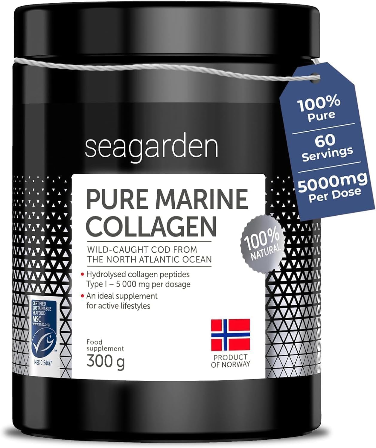 Pure Marine Collagen Powder – 5000mg – Hydrolyzed Collagen Peptides Type 1 – Supplements for Women and Men, for Hair, Skin and Nails – Unflavored, 300g, 60 Servings