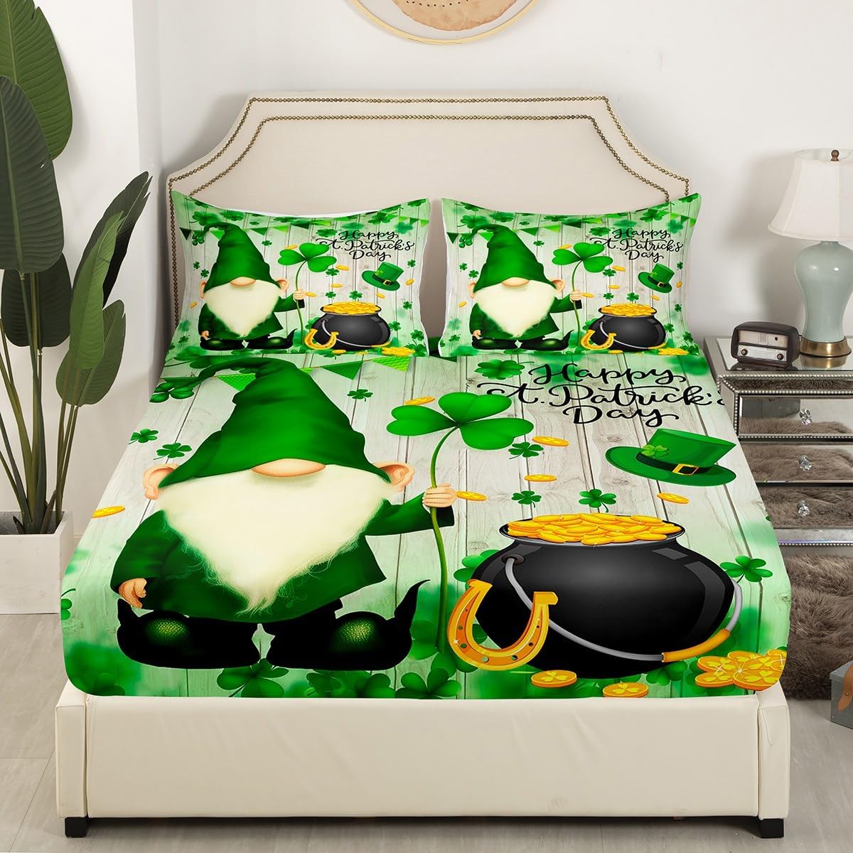 St. Patrick's Day Sheet Set Queen Cute Gnome and Green Clover Leaves Bedding Set for Kids Teens Girls Boys Room Decor Rustic Farmhouse Barn Deep Pocket Fitted Sheet Spring Holiday Bed Sheet 4pcs