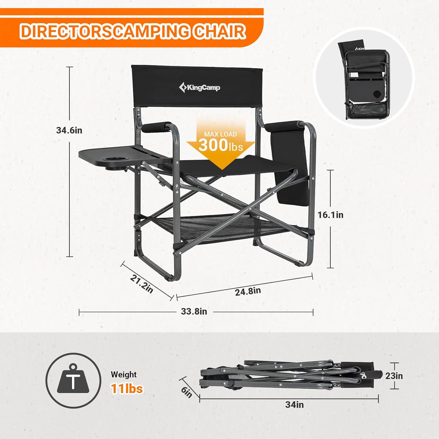 KingCamp Directors Chair with Side Table, Folding Camping Chairs for Adults with Storage Pockets, Breathable for Outside Camping, Lawn, Picnic, Beach & Fishing (Black)