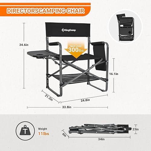 Miniatura 2 de KingCamp Paquete de 2 sillas de director de campamento plegables resistentes con mesa auxiliar y bolsillos para adultos, silla de campamento al aire