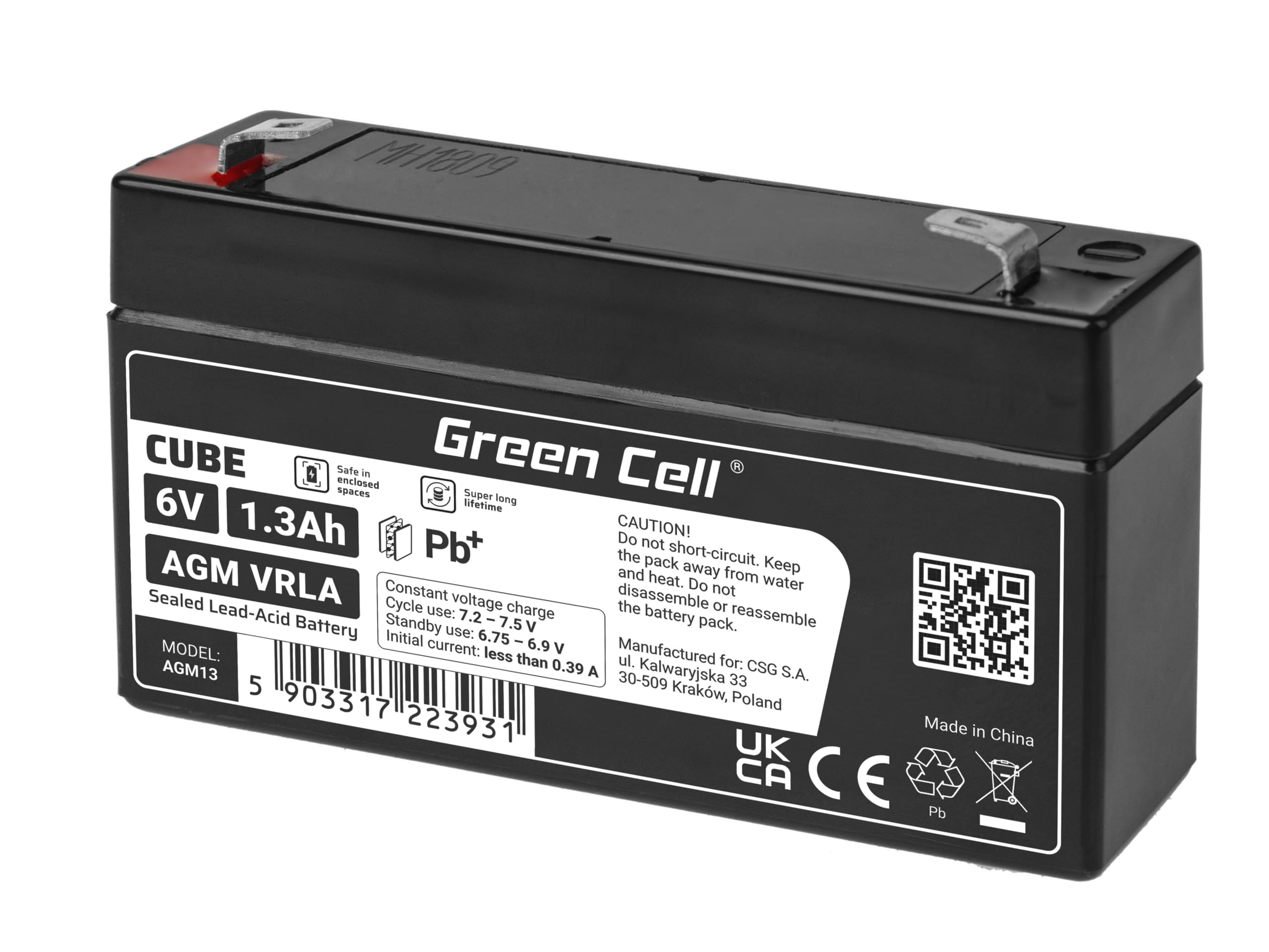 Batteria Green Cell® AGM 6V 1,3Ah, batteria al piombo-acido VRLA, batteria di ricambio al piombo-acido, batteria gel a scarica profonda, per roulotte senza conducente Fotovoltaico Sedia a rotelle