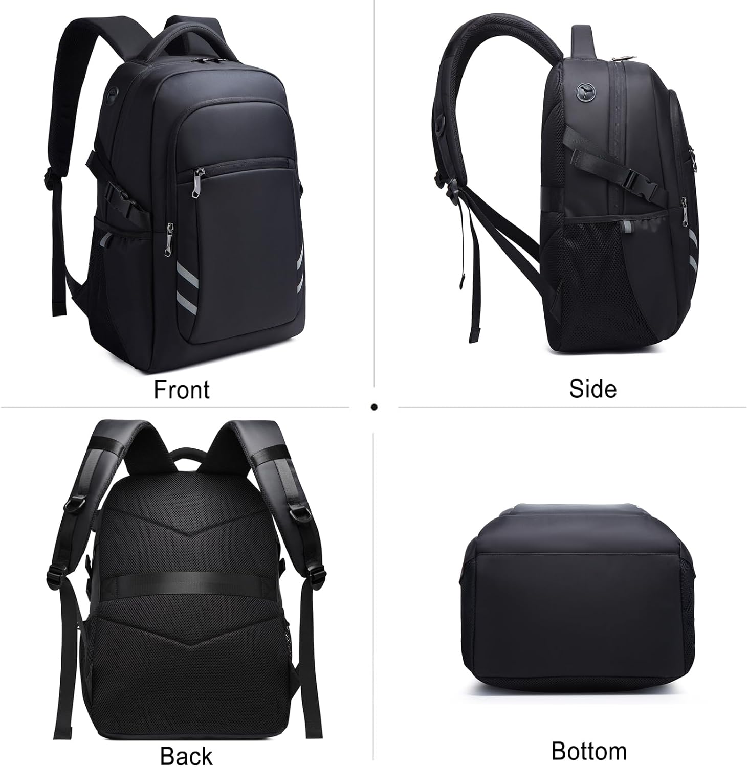 FANDARE Large Capacity Travel Backpack with USB Charging Port, Lightweight Durable Rucksack for 15.6 Inch Laptop, Includes Luggage Strap & Reflective Strips & Headphone Hole Black
