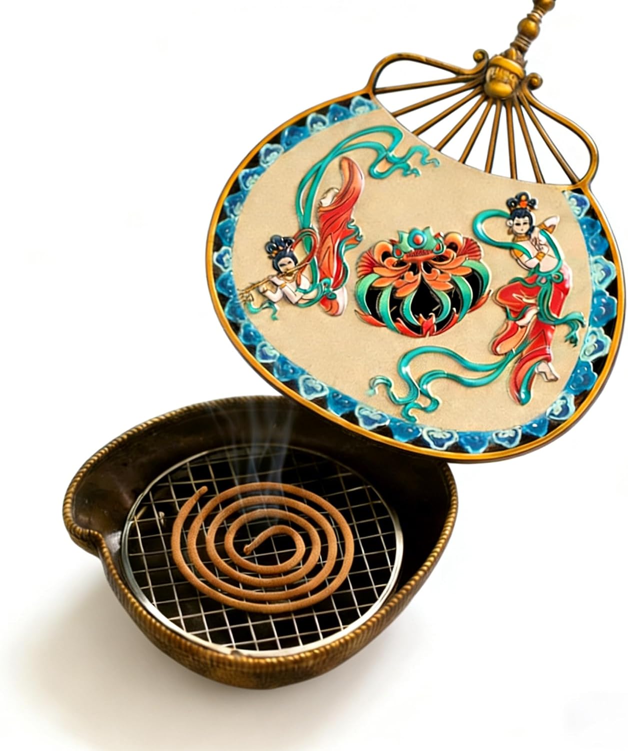 Vintage Bronze Incense Burner with Lid & Ash Catcher – Fan-Shaped Holder for Cones and Coils, Perfect for Home Meditation, Office Relaxation, and Aromatherapy Decor