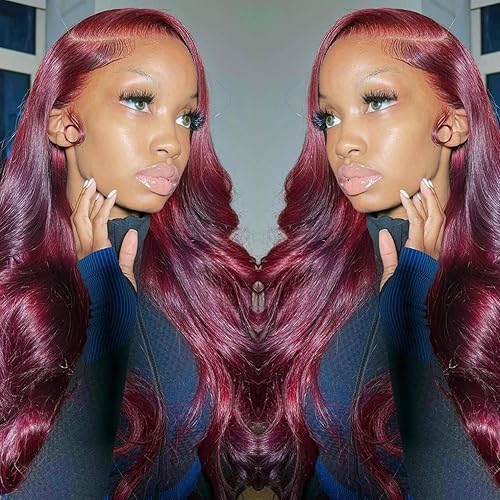 Pelucas de cabello humano con encaje frontal color borgoña 99j prearrancadas de 13 x 6 pulgadas, pelucas de cabello humano para mujeres negras,