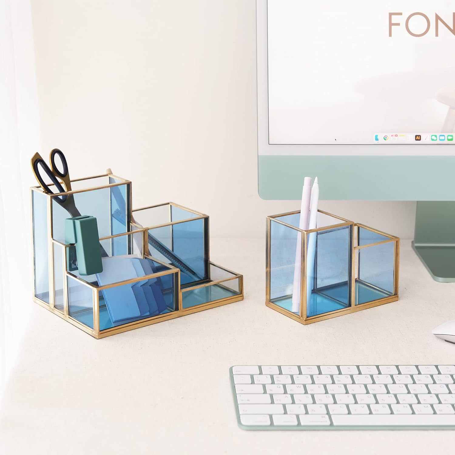 FONDAZZA Set of 3 Gold Desk Organizers for Home Office Supplies, Gold Brass and Blue Glass, 1 Each of 5, 4 & 2-Compartment Storage for Stationery, Cosmetic, makeup tools and Brush.
