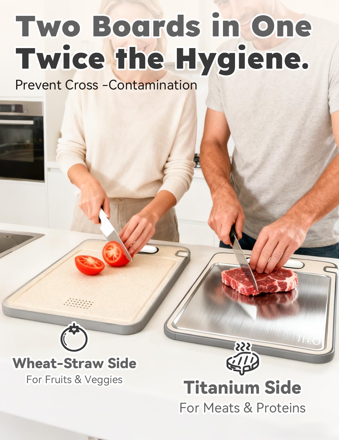 TIBO Titanium Cutting Board with Knife Sharpener, 14.3"L x 9.8"W Double-Sided Small Board (Titanium & Wheat Straw PP) for Meat, Fruit & Vegetable, Hand Wash