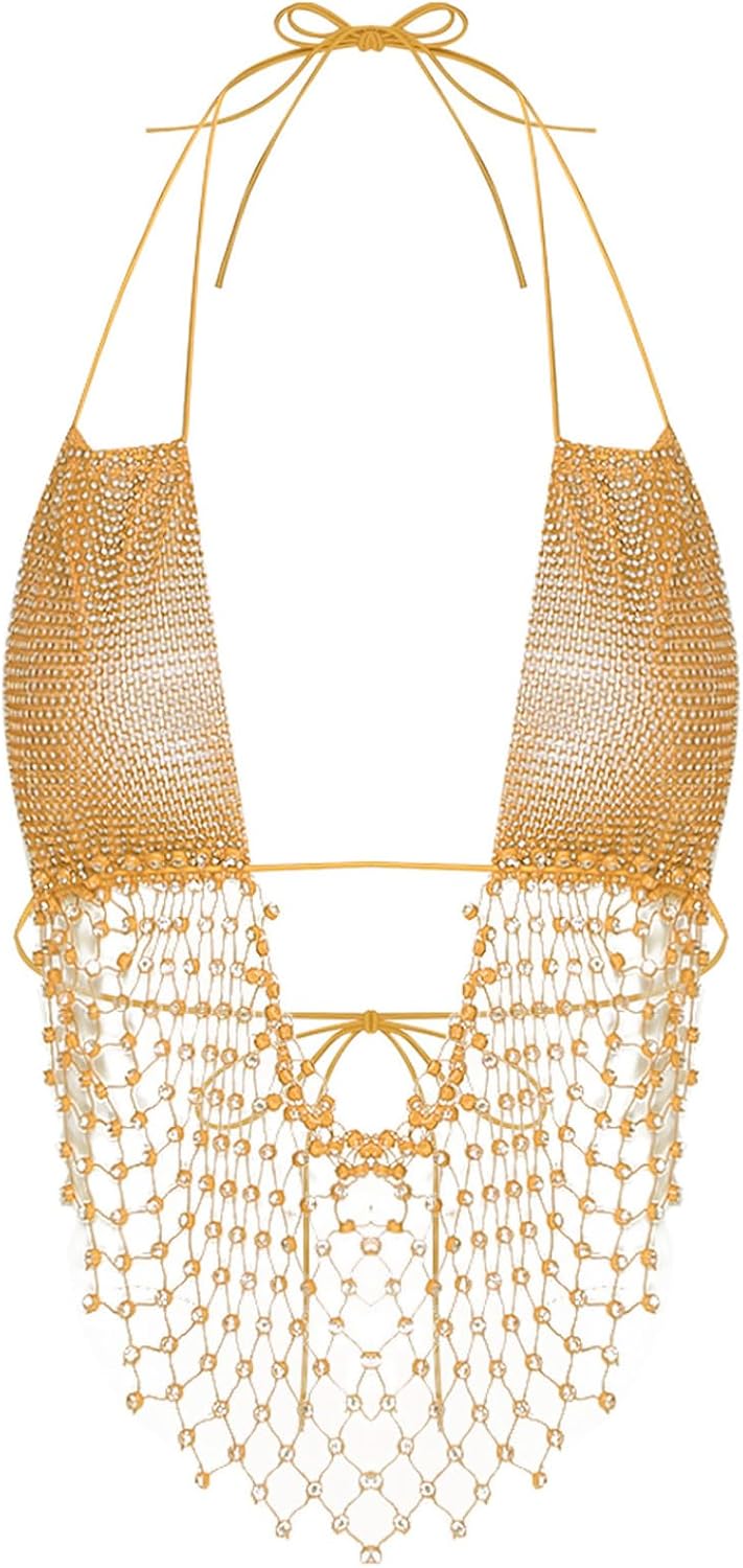 Womens Y2K Rhinestone Mesh Bra Top Carnival Beach Club Body Jewelry Halter Neck Crop Top