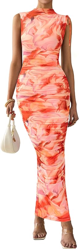 PRETTYGARDEN Women's Summer Maxi Dresses Ruched Bodycon Split Long Dress | Mock Neck, Sleveless, Floral Mesh Dress, Cocktails Dress for Wedding Guest, Party, Summer Outfits 2026