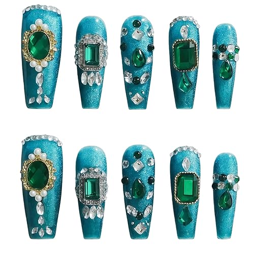 Emerald Green Press on Nails Luxury Handmade Nails 3D Design