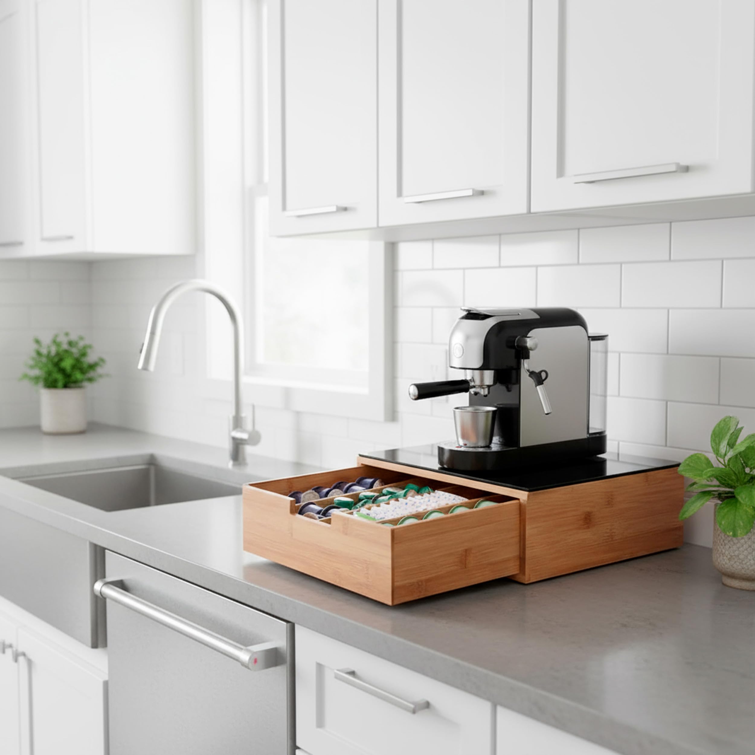 BRICOZONE Cassetto Porta Cialde in Bambù Con Ripiano in Vetro Organizer Per Capsule Caffè Con 4 Scomparti Salvaspazio Elegante Per Angolo Caffè