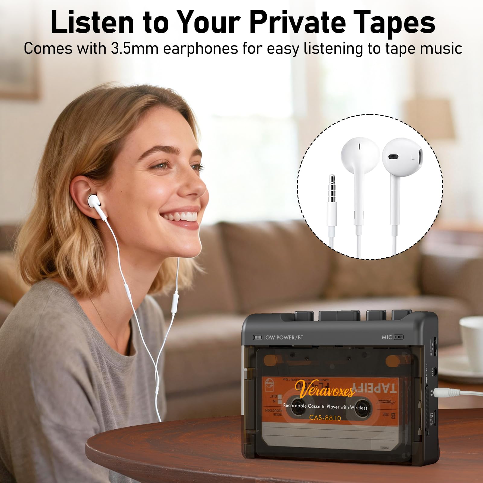 Portable Bluetooth Cassette Tape Player, Cassette Player Recorder,Equipped with Headphone and AUX Ports, Support AUX Line in Record,Built-in Microphone, Powered by DC or AA Battery (Black) — view 3