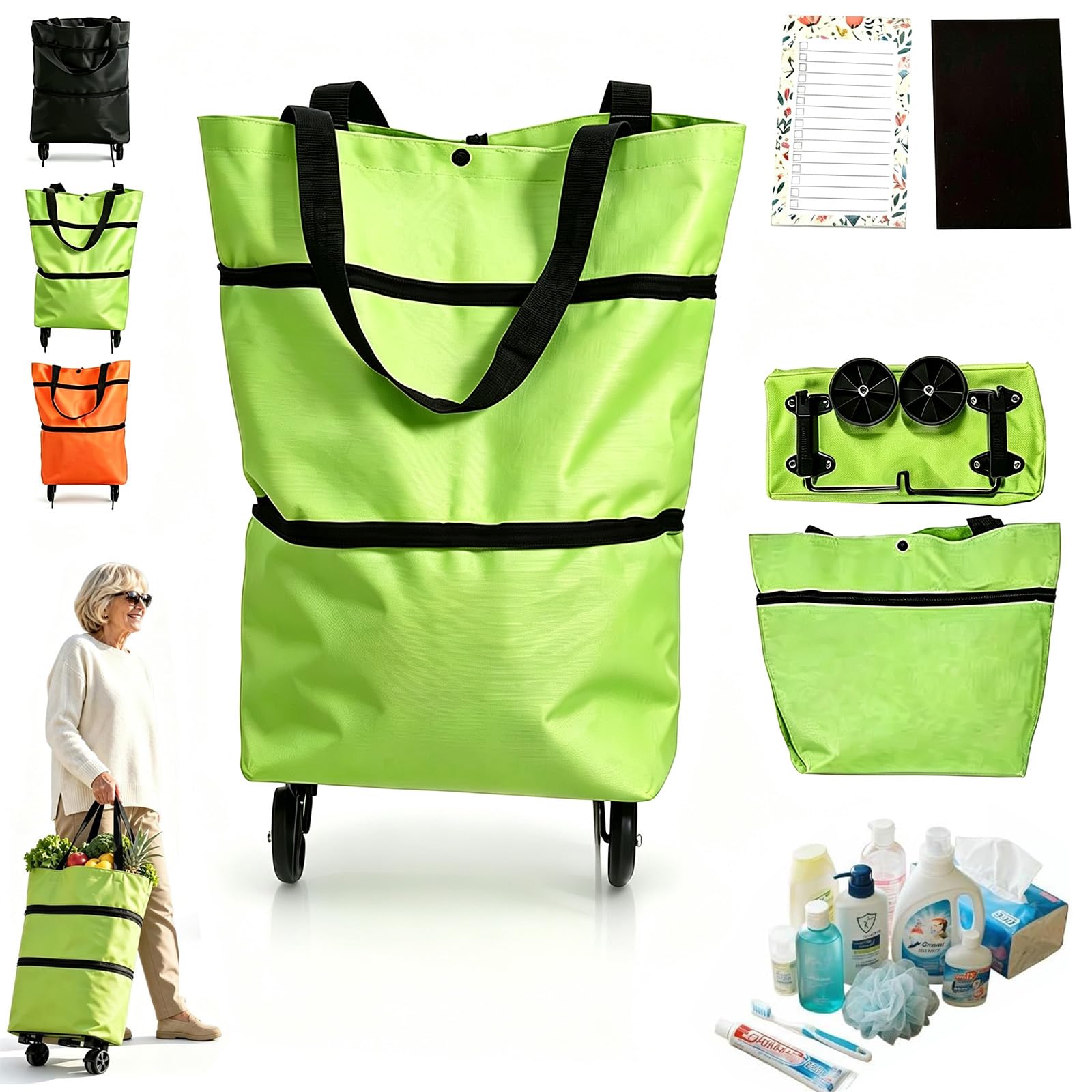 2-in-1 Foldable Shopping Cart with Wheels Lightweight for Grocery (Green)