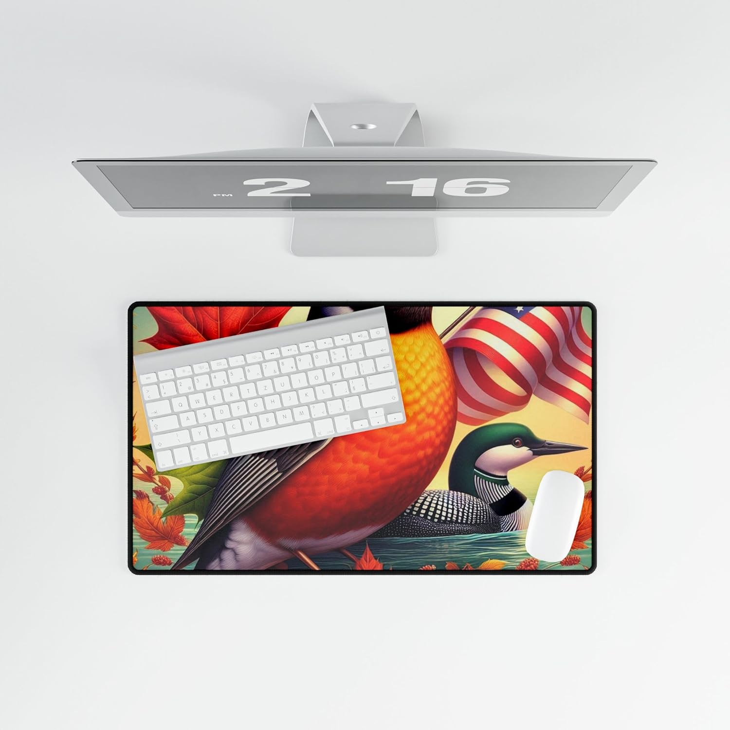 Vibrant Wisconsin Symbols Desk Mat - American Robin, Sugar Maple, Common Loon - Premium Quality Mat Made in The USA