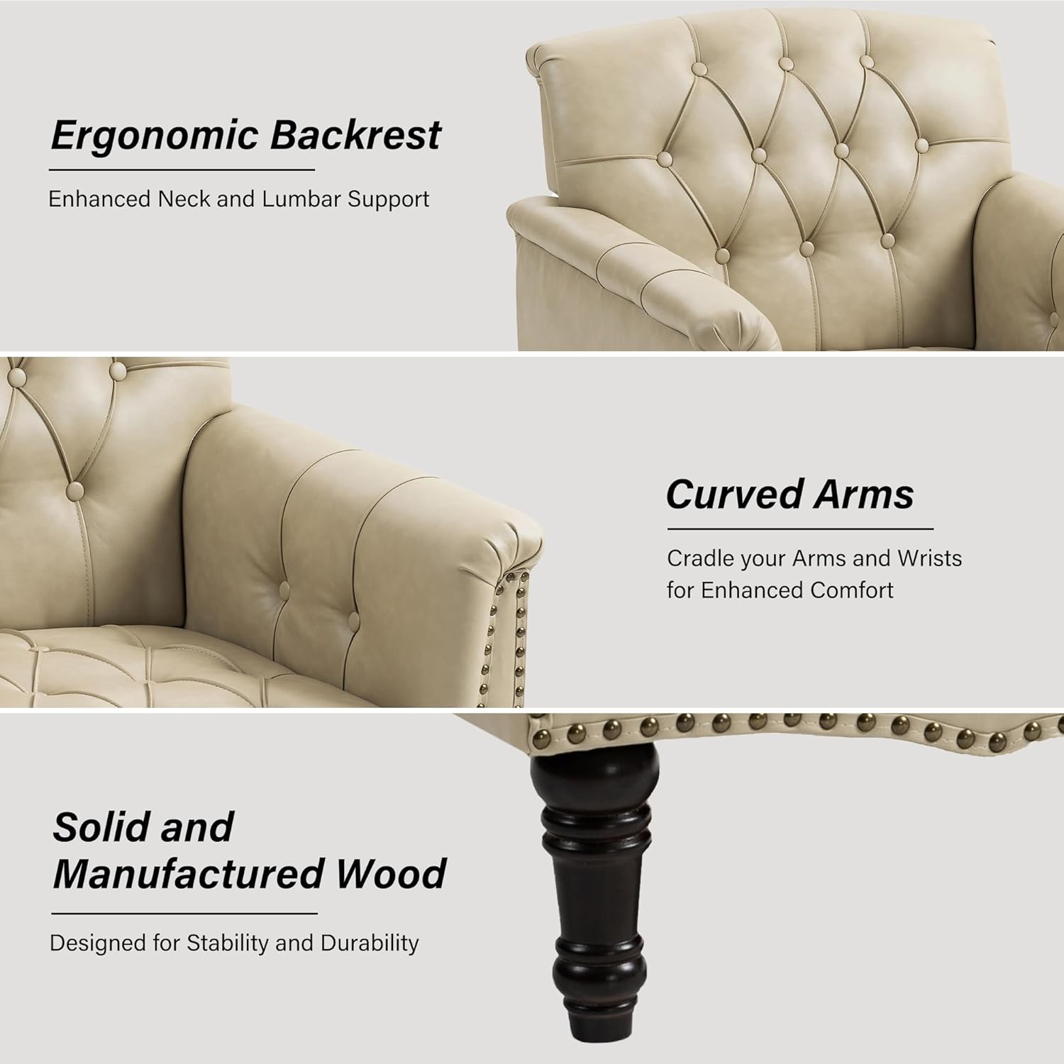 Faux Leather Accent Chair, PU Leather Modern Comfy Upholstered Armchair with Wood Legs & Nailhead Trim for Living Room, Bedroom (Beige,Set of 1)