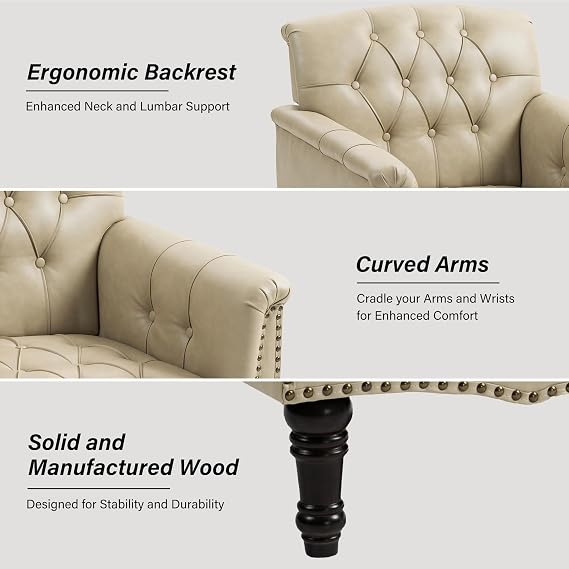 Faux Leather Accent Chair, PU Leather Modern Comfy Upholstered Armchair with Wood Legs & Nailhead Trim for Living Room, Bedroom (Beige,Set of 1)