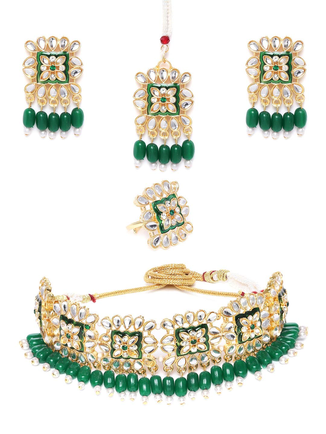 ZAVERI PEARLS Green Meenakari Kundan & Beads Choker Necklace Earring Maangtikka Ring Set For Women-ZPFK18768