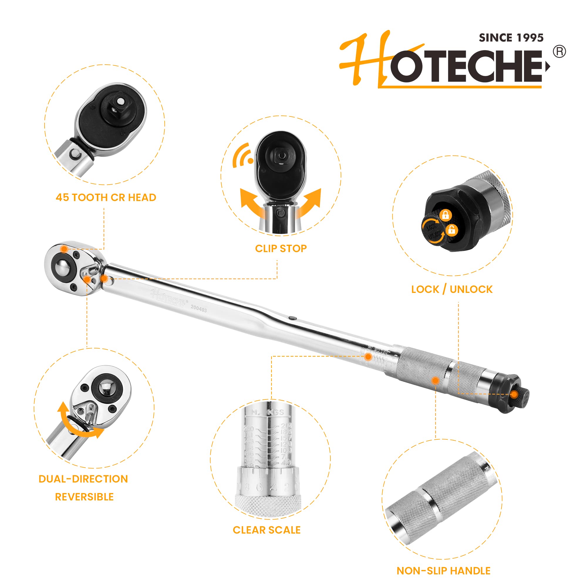 Hoteche Chiave dinamometrica 1/2" 28-210Nm con cricchetto a leva e tubo in acciaio per un serraggio preciso di viti e dadi