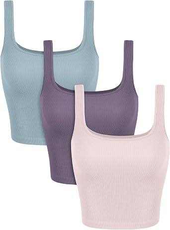ODODOS 3-Pack Seamless Square Neck Crop Tank for Women Ribbed Knit Soft Low Back Cropped Tops