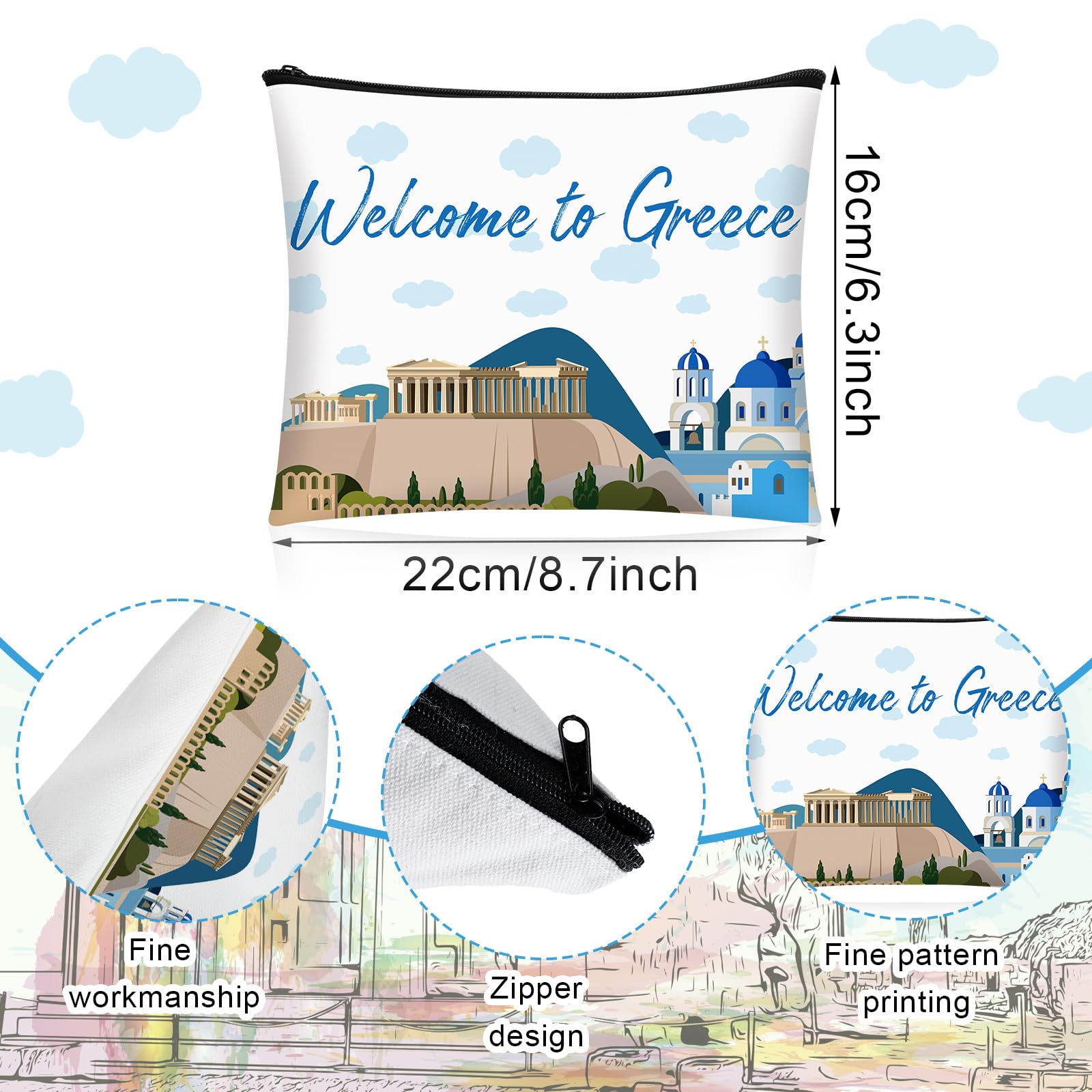 16 Pcs Cosmetic Bag Souvenir Gifts Makeup Bag Travel Vacation Zipper Pouch Purse for Women Birthday Trip Gifts Party Favors(Greece)