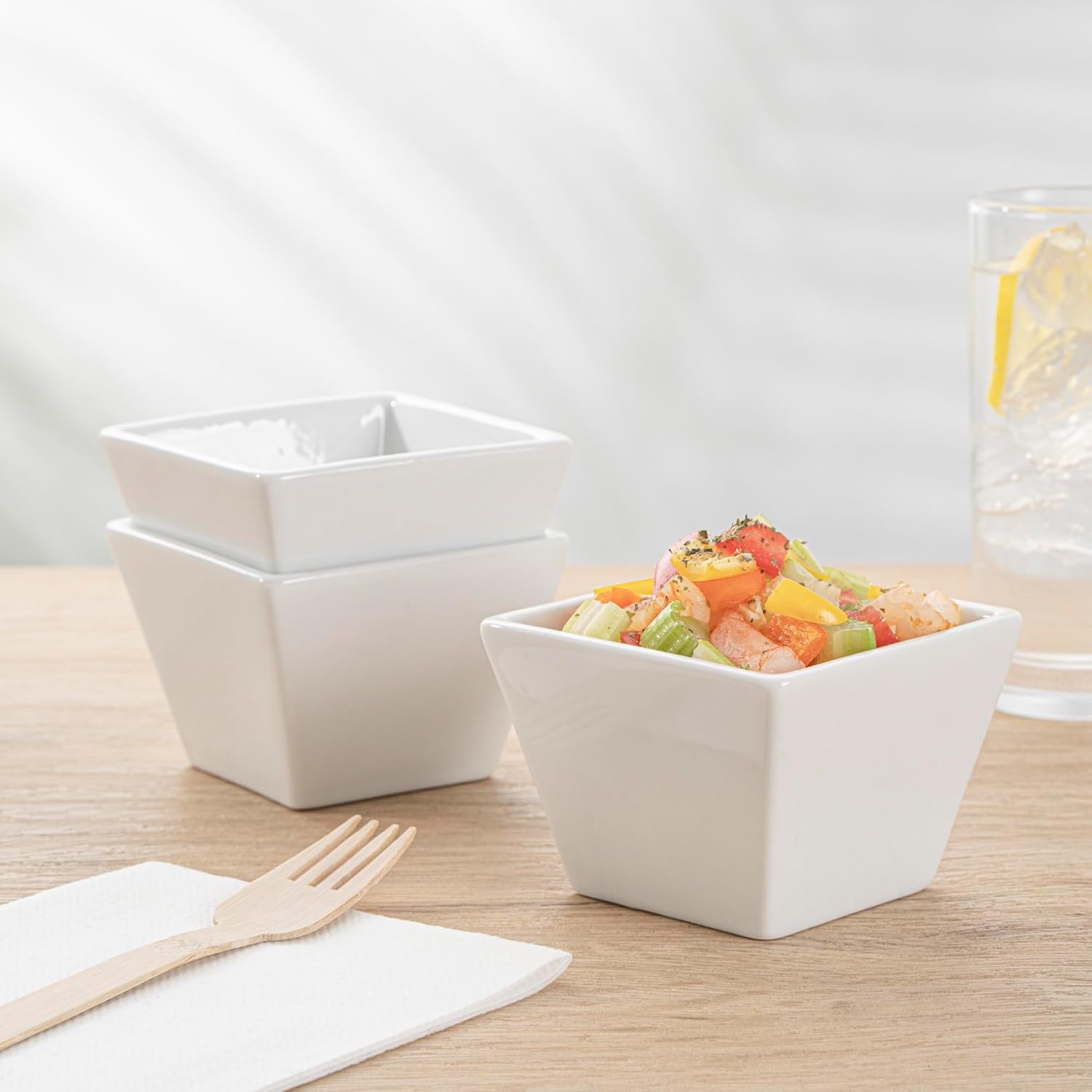 Restaurantware 6 Ounce Small Dessert Cups 10 Square Fondue Bowls - Oven Safe Chip Resistant White Porcelain Porcelain Dip Bowls Dishwasher Safe For Snacks Or Desserts