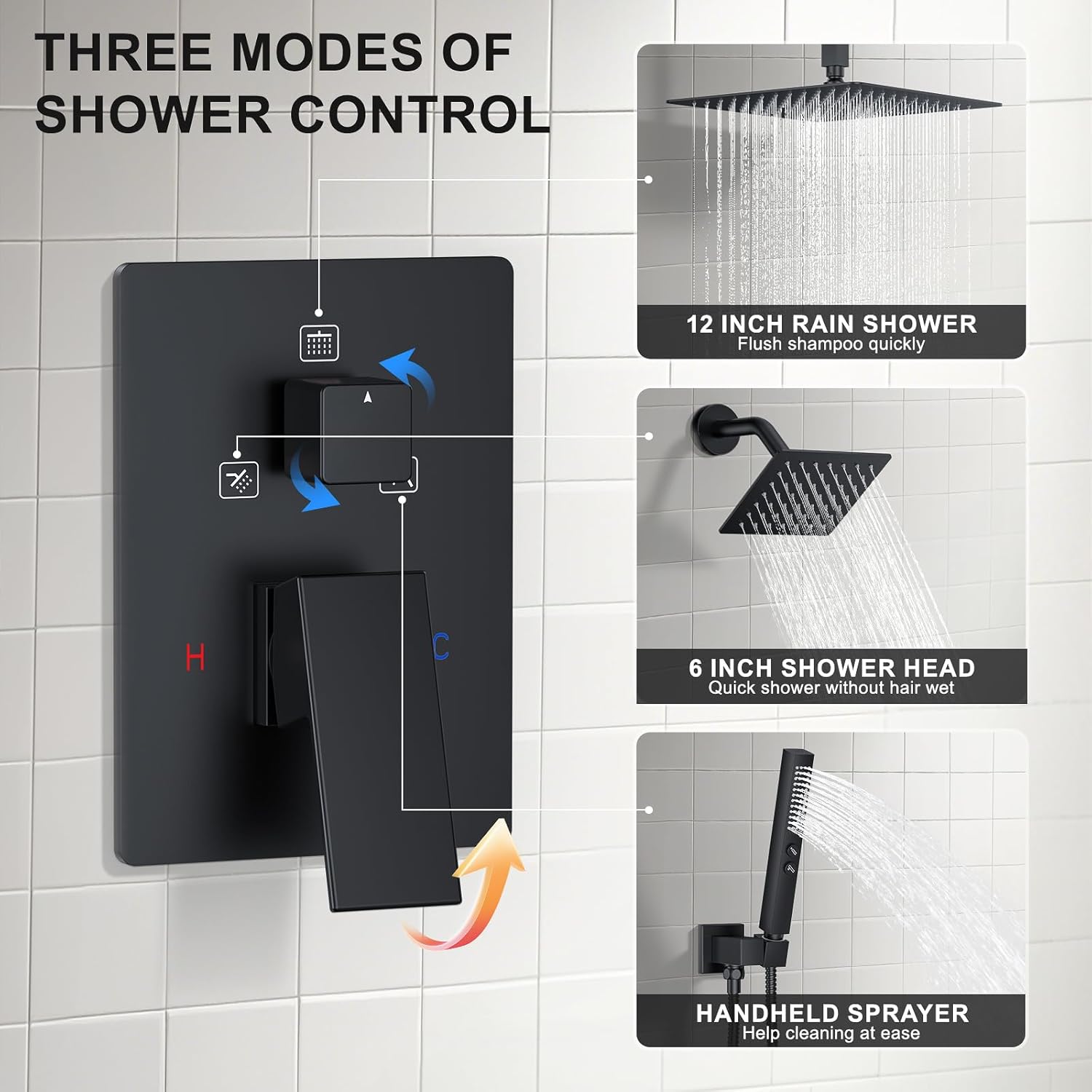Shower Faucet Set, Ceiling Mount Shower System 12-inch & 6-inch Dual Shower Head Set with 2 in 1 Handheld Spray Rain Shower Faucet Head with Rough-in Valve and Shower Trim Kit, Matte Black
