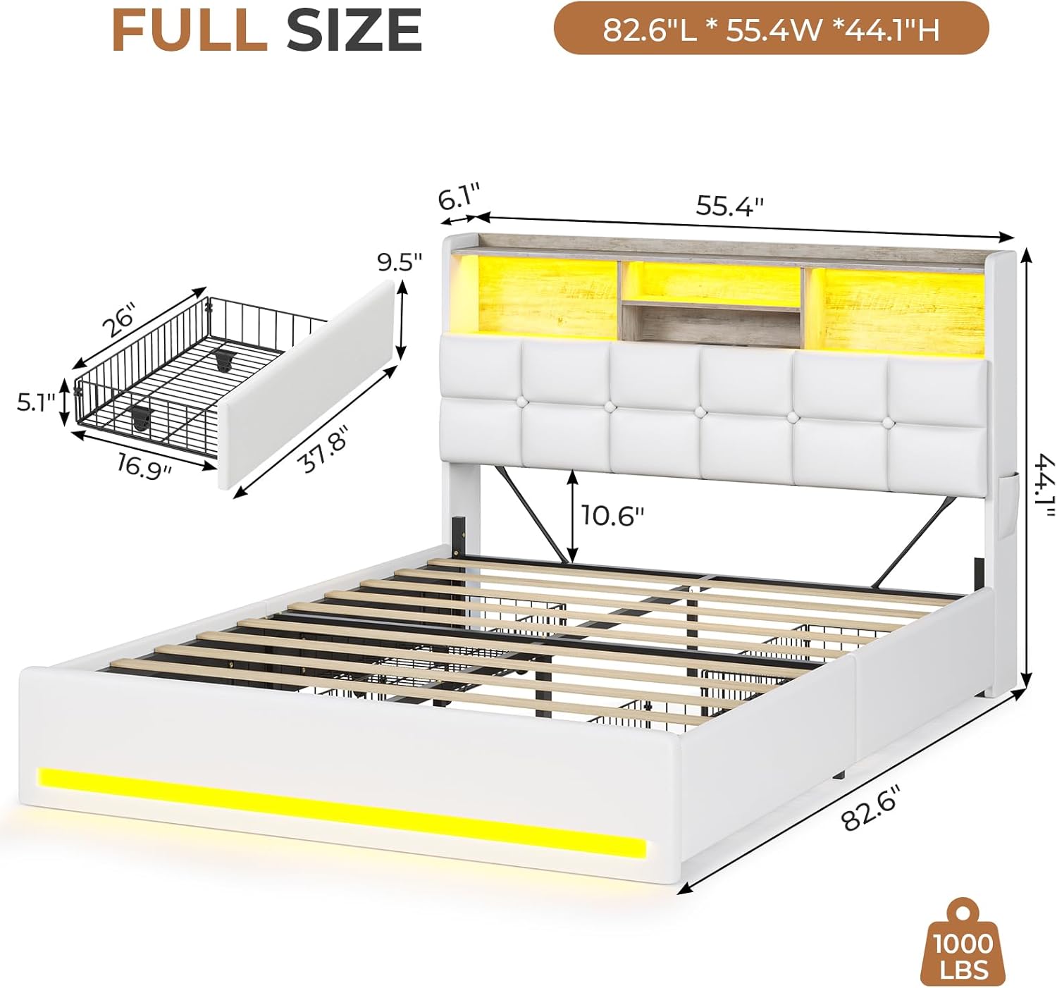VIAGDO Full Size Bed Frame with Bookcase Headboard and Storage, Upholstered Platform Bed Frame Full Size with Charging Station, 4 Drawers and LED Lights, Heavy Duty, No Box Spring Needed, White