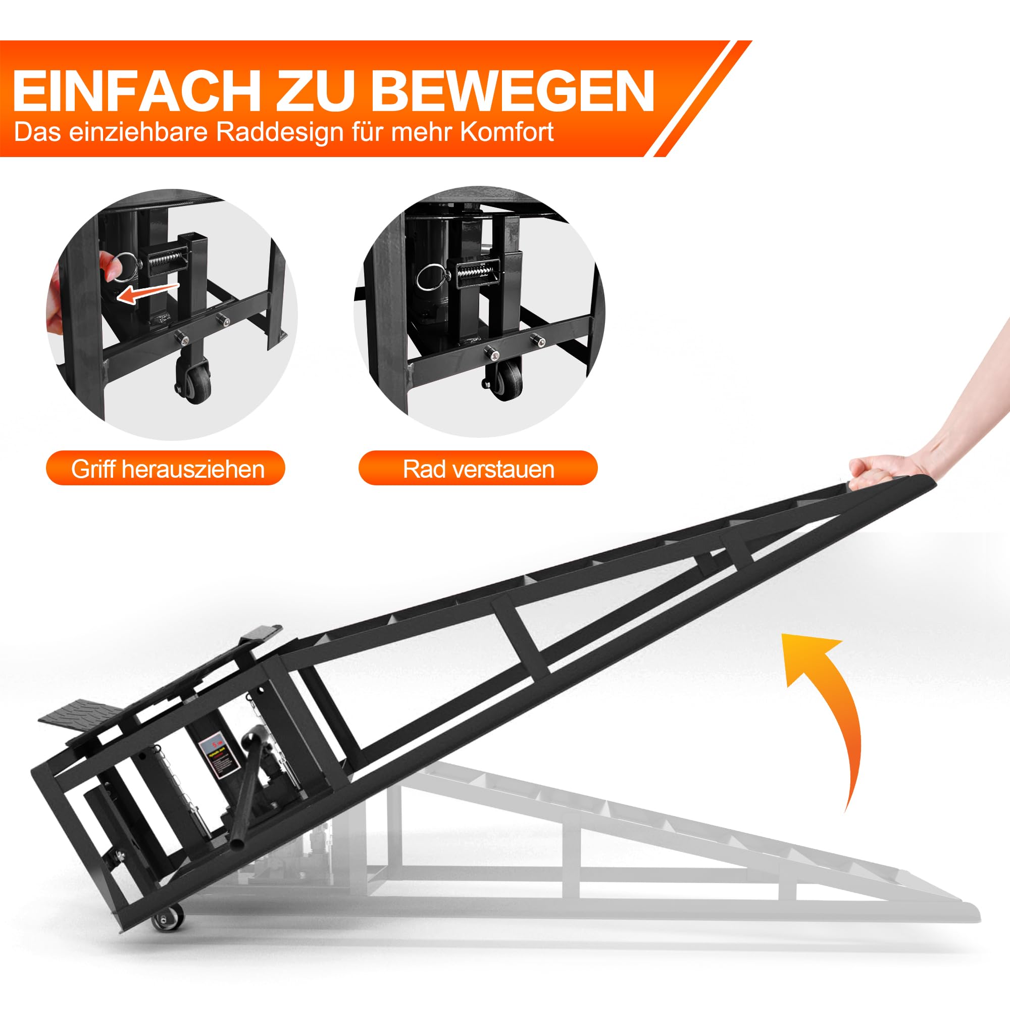 2er-Set Hydraulische Auffahrrampen mit Rollen, 5T Schwerlast-Rampen (11065 lbs) inkl. Hydraulikheber, Tragbare Autohebebühne für Ölwechsel & Heimwerker-Garage, Hubhöhe 23–36 cm (9"–14,2") (Schwarz)