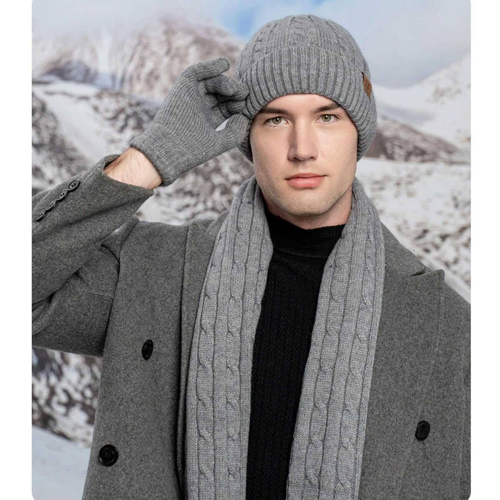 Schal Mütze Handschuh Set 3Pcs Thermisch Warm Gestrickte Beanie Cap Schal Wärmerer Touchscreen -Handschuh Outdoor -Sportarten