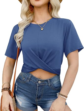 For G and PL Summer Womens Crop Tops Casual Y2K Short Sleeve Basic Twist Front Tee T-Shirt