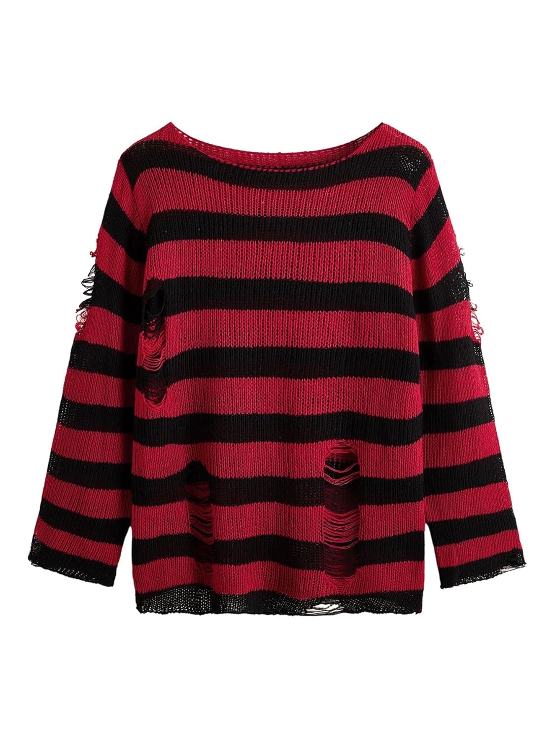 Womens Striped Ripped Sweaters Crew Neck Long Sleeve Pullover Jumpers