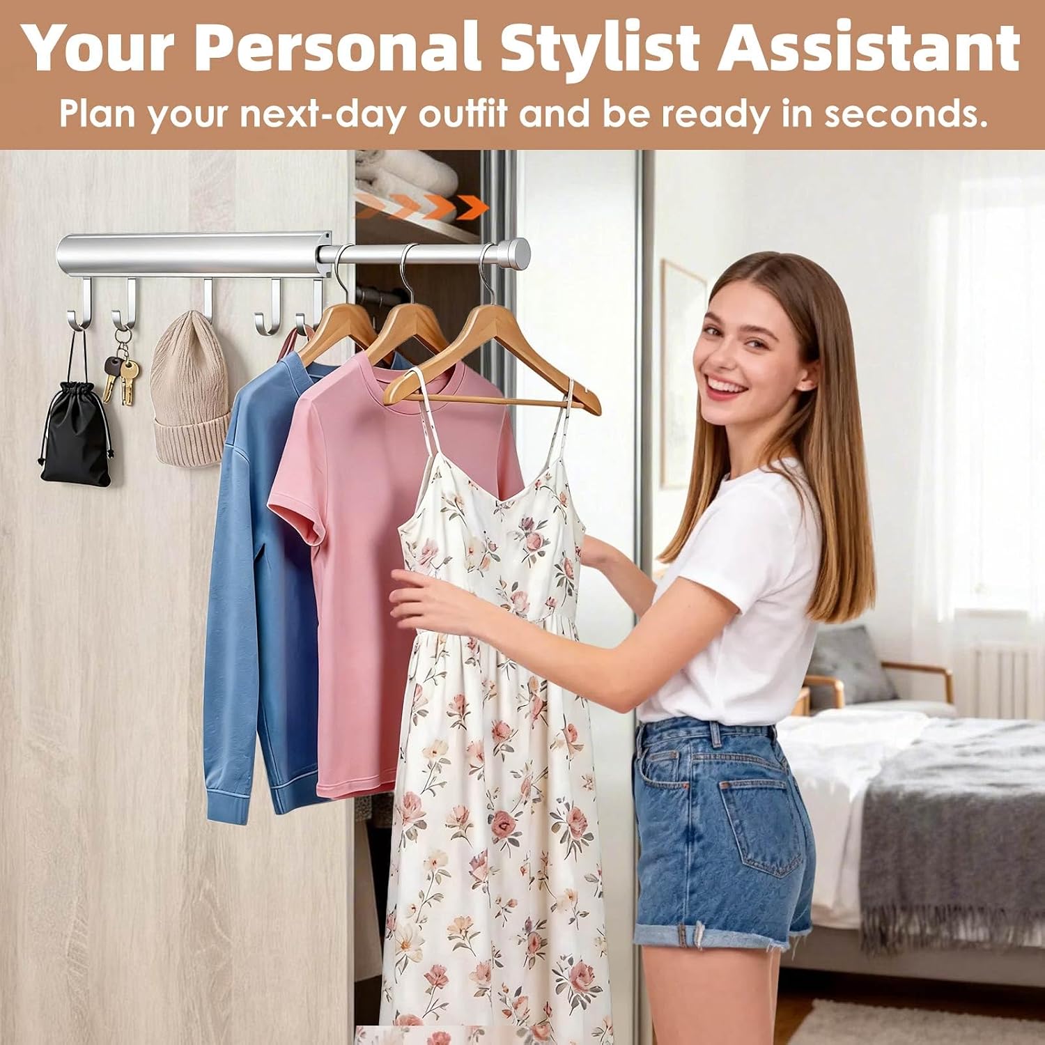 Pisman Retractable Valet Rod for Closet Pull Out, 12 Inch Slide Out Clothes Rod with 5 Hooks, 2-in-1 No Drill Adhesive or Screw Mount, Space Saving for Laundry Bathroom Bedroom, Silver 1 Pack