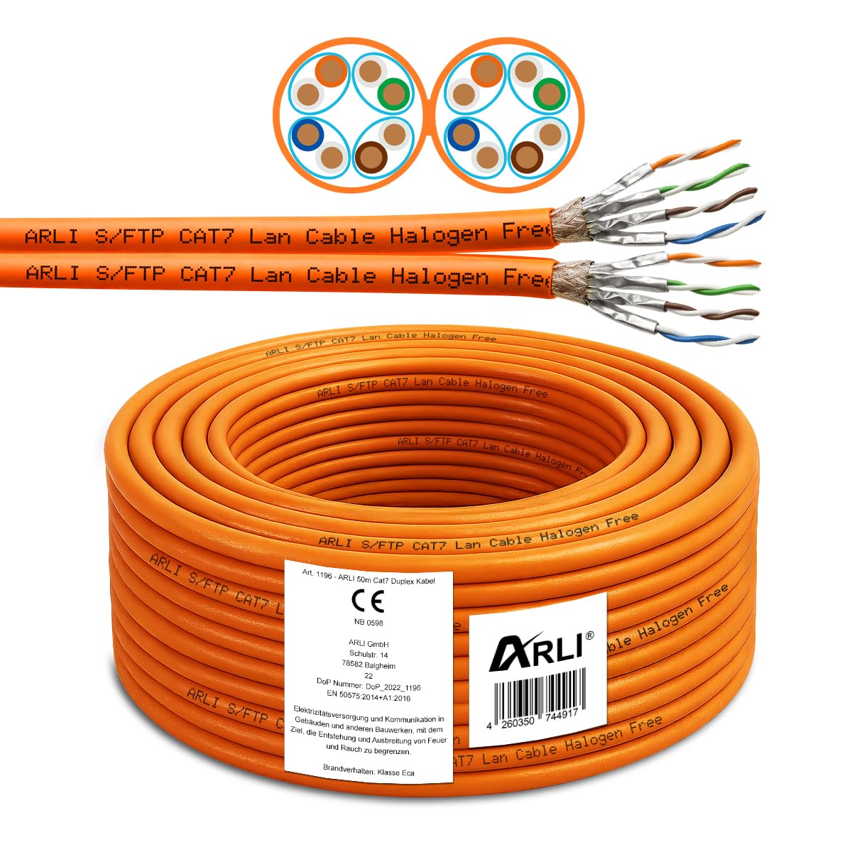 ARLI 50m Duplex Cat7 Verlegekabel + 10x RJ45 Netzwerkstecker Cat8.1 + Kabelmesser S/FTP doppelt geschirmt LSZH halogenfrei Werkzeuglose Montage Ethernet Twin Netzwerkkabel bis zu 10 Gbit/s 1000 MHz