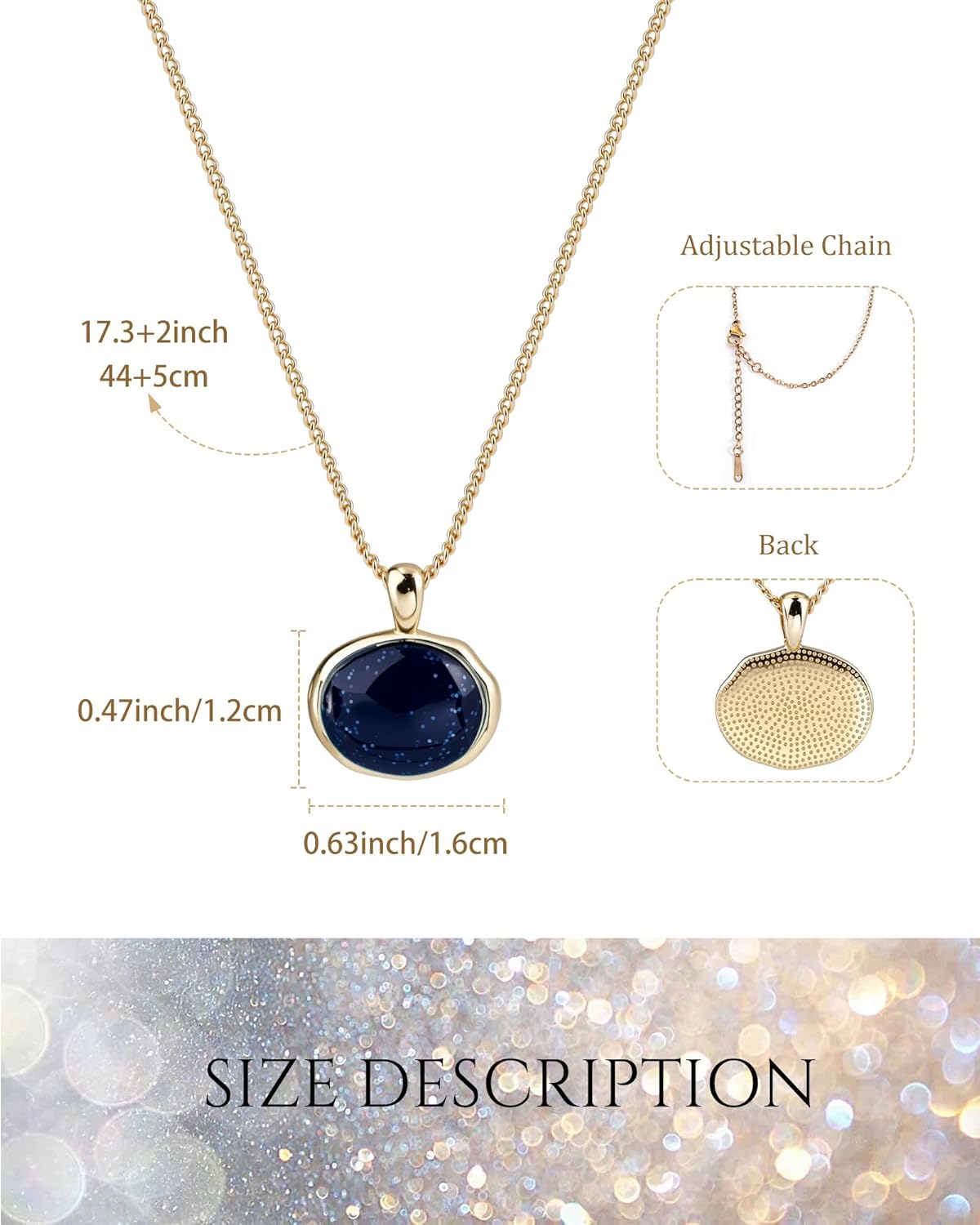 Blue Gemstone Pendant Neckalce for Women 14K Gold Plated Chain Oval Charm Necklace with Golden Trim Adjustable Dainty Jewelry Unique Gifts - Image 3