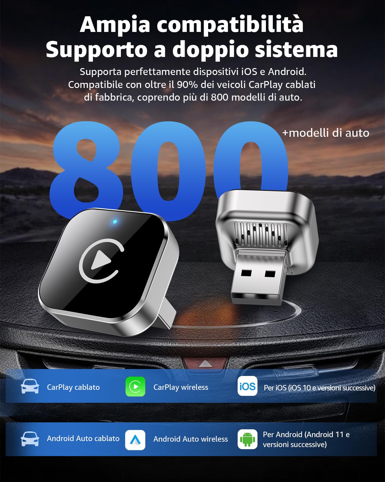 Adattatore Wireless CarPlay e Android Auto, USB-C e USB-A Plug & Play, Convertitore da Cablato a Wireless, WiFi 2.4G/5G, Connessione Automatica, per iPhone iOS 10+ e Android 11+, Auto dal 2016, Nero