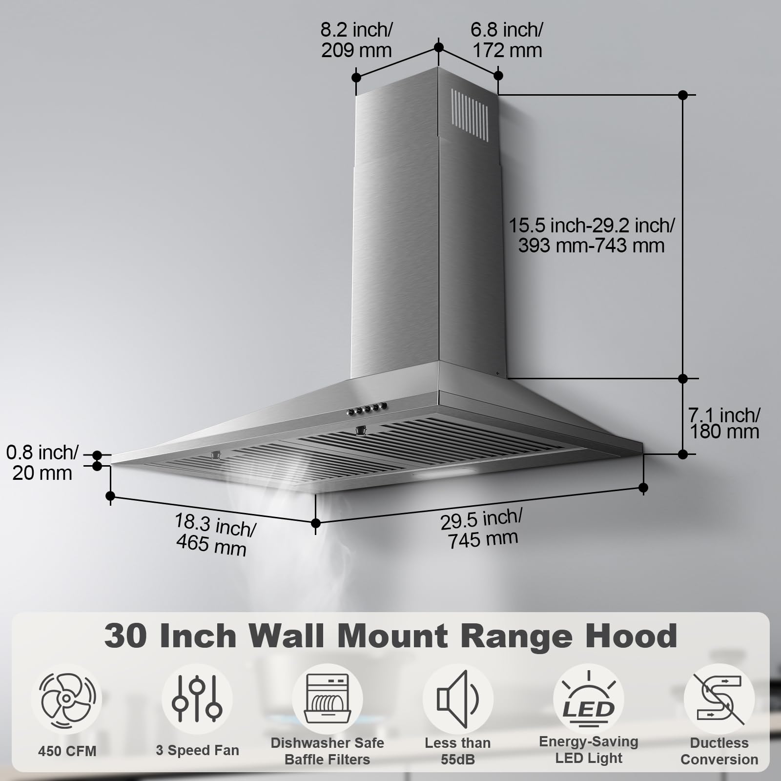 Campana extractora de 76,2 cm, Montaje en pared, Acero inoxidable, 3 velocidades, 450 CFM, LED, Plateado