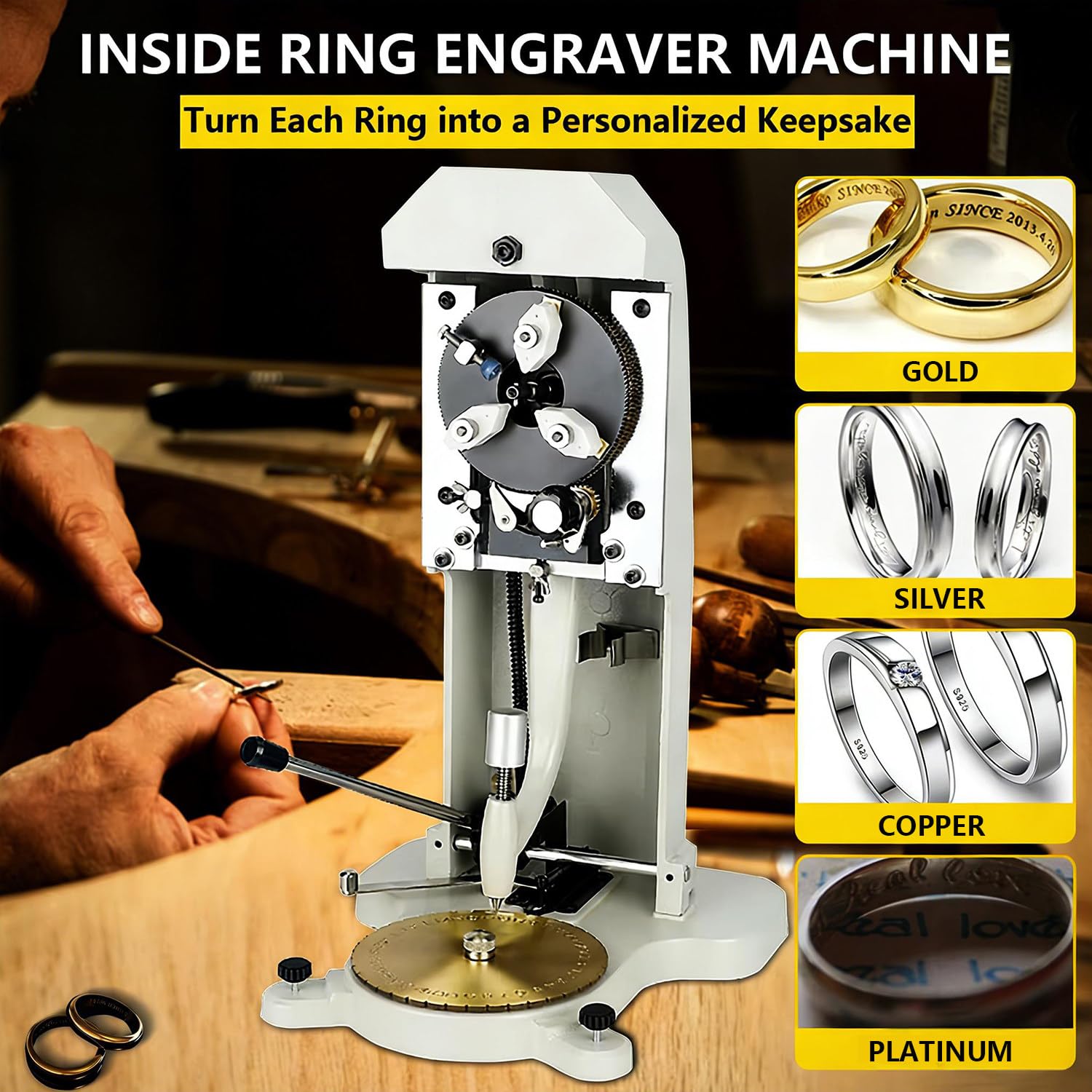 Máquina de grabado interior de anillos, grabador para anillos, con cabezal de grabado de acero y bloque de letras estándar de 1,5 a 2,0 mm, profundidad uniforme, para grabar oro, plata, cobre y otros