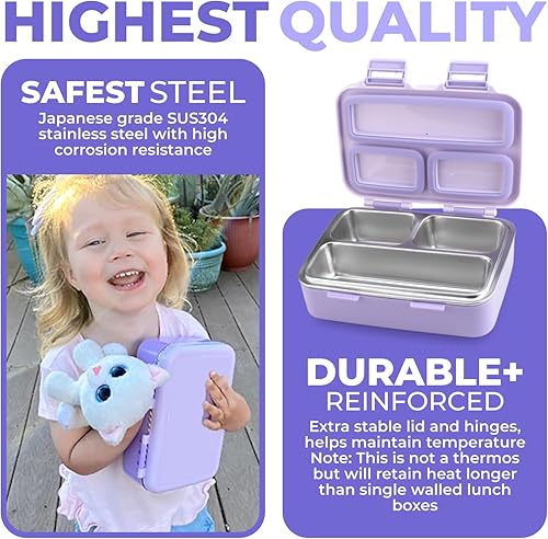 Miniatura 2 de Mini lonchera de acero inoxidable para bebés y niñas pequeñas, Bento, 3 secciones de porciones de metal ecológico con tapa a prueba de fugas, para